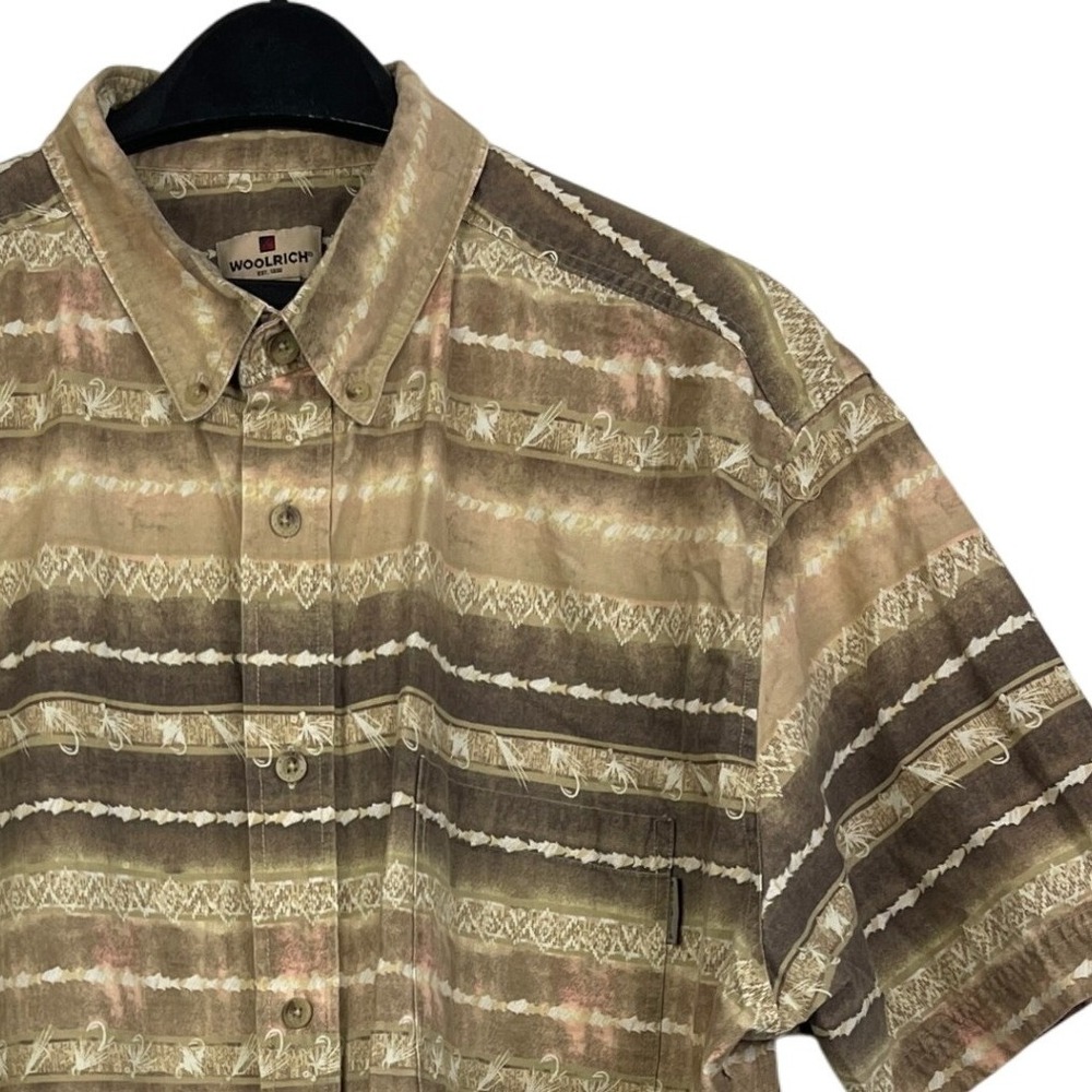 Woolrich AOP Fish Fishing Lure Mens 2XL Cotton Brown Button Down‎ Short Sleeve
